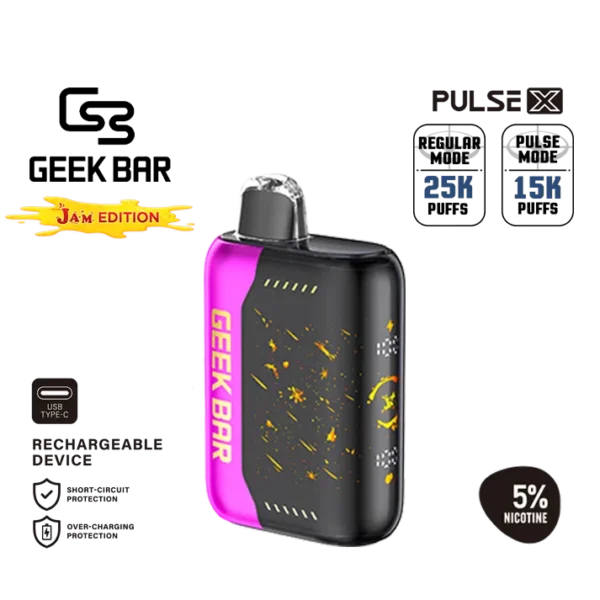 Clean sweet raspberry jam vaping experience with strong performance — 진한 베리 단맛과 안정적인 출력을 동시에 만족시키는 Geek Bar Pulse X Raspberry Jam 5%.