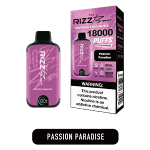 Tropical passionfruit ice vibe 밝은 패션푸르트 향과 시원한 아이스톤이 담긴 Rizz 이미지. 열대 과일의 생동감과 청량한 무드가 자연스럽게 표현됨. 전체적으로 밝고 상큼한 느낌이 강조되어 있다.