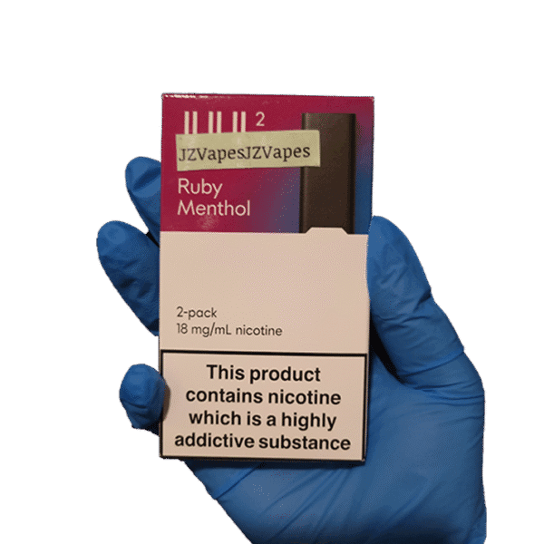 Clean fruity menthol burst with smooth chilled aftertaste — 베리 컬러그램과 아이시 민트 텍스처가 어우러진 Ruby Menthol pod 이미지.