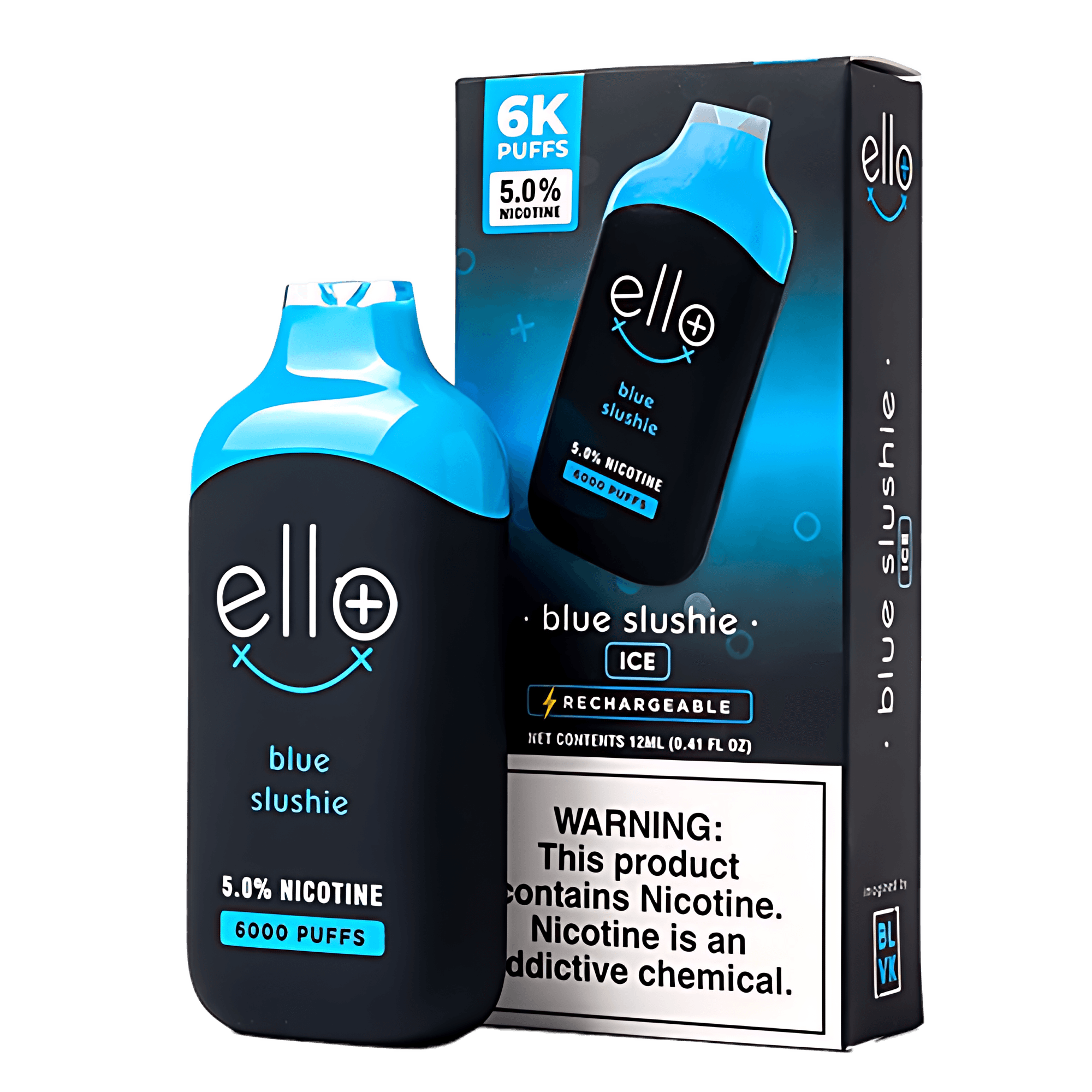Icy blue slushie candy flavor with frozen finish — 차가운 블루 슬러시 단맛과 강한 쿨링을 느낄 수 있는 BLVK Ello Plus Blue Slushie 5% 디바이스.
