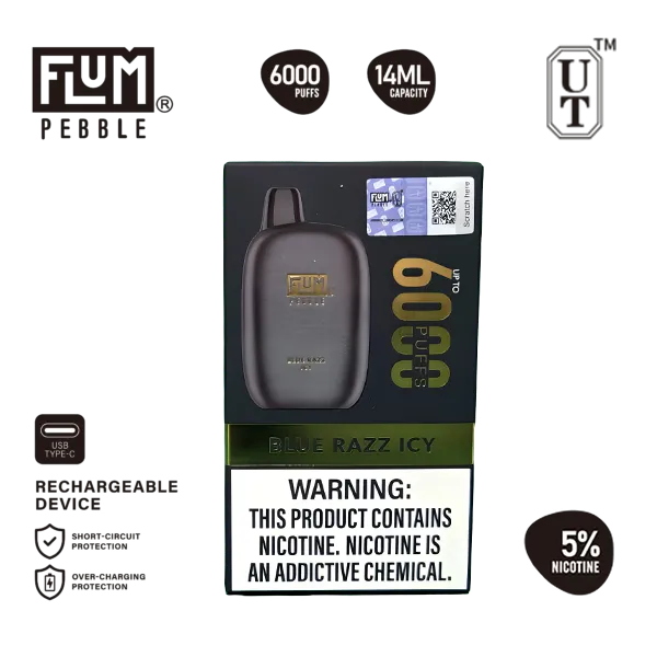 Blue raspberry icy vape with quick clean finish — 선명한 블루 라즈베리와 절제된 아이스가 빠르게 정리되는 Flum Pebble Blue Raz Icy 5% 디스포저블 베이프.