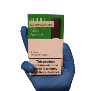 “Pure refreshing menthol hit with clean mint aroma — 차갑고 깨끗한 아이스 느낌을 담은 JUUL 2 Crisp Menthol 2팩 이미지.