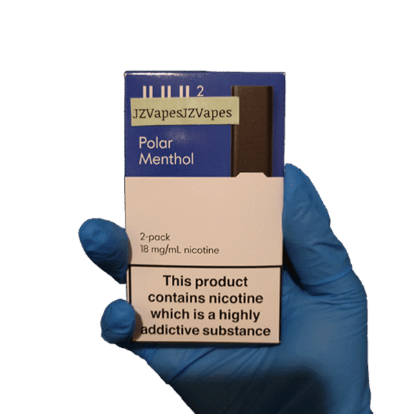 Intense frozen menthol with sharp icy inhale — 폴라 블루 톤과 아이스 텍스처가 강조된 JUUL 2 Polar Menthol 팟 패키지 이미지.